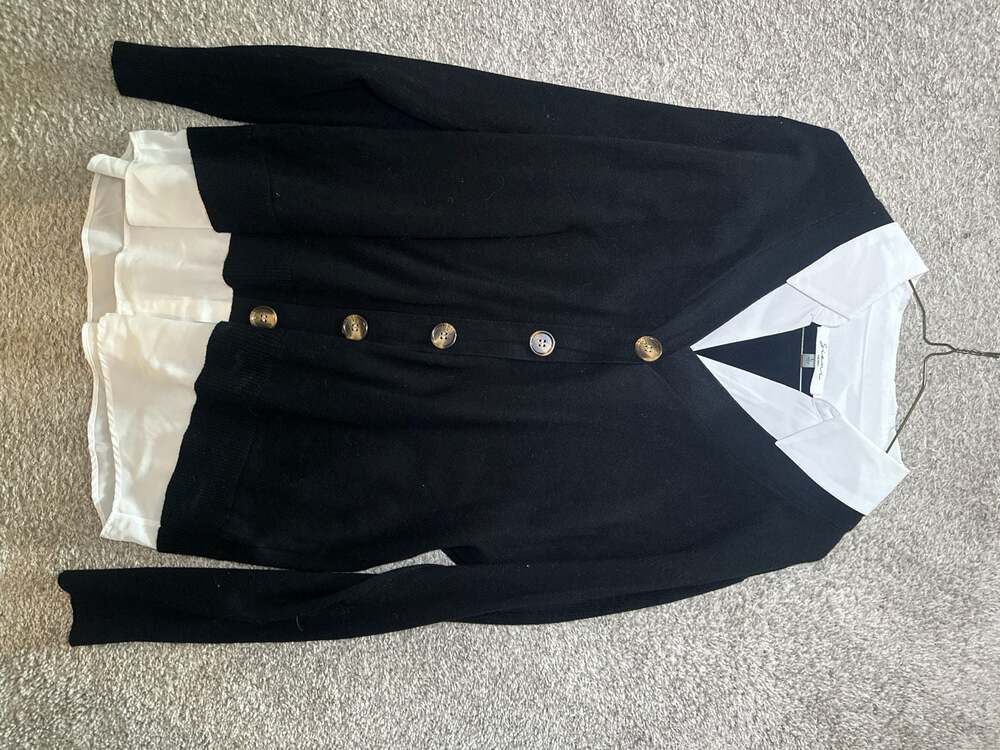 Black Button-Down Cardigan with White Collared Layer Size L